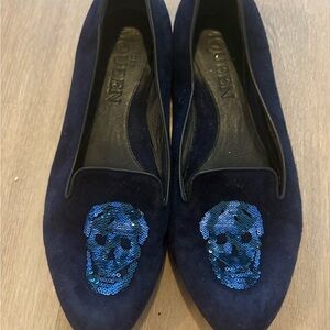 Alexander McQueen Dark Blue Sequin Skull Loafers